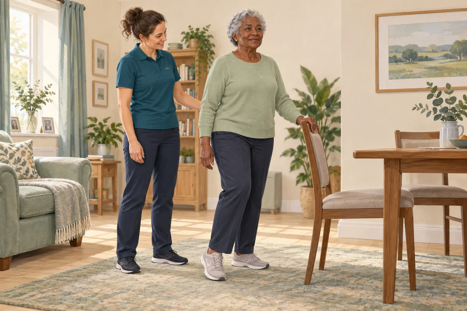 Illustration of an older woman practising supported standing with a physiotherapist at home.